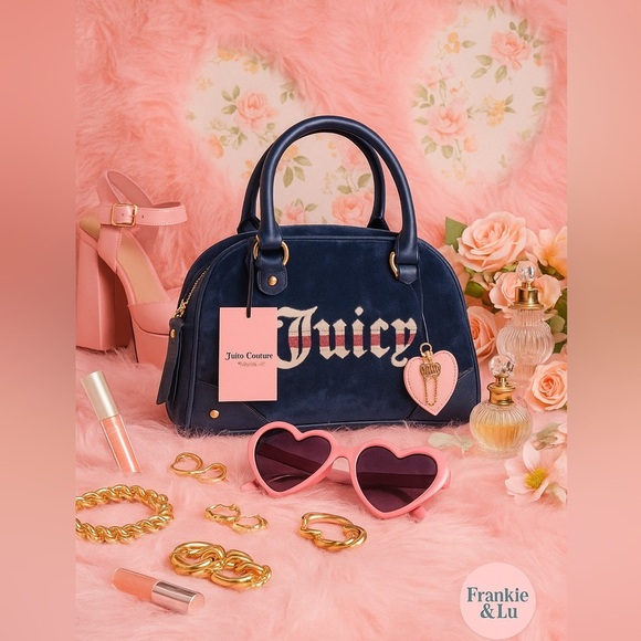 Juicy Couture Regal Blue Velour Satchel Crossbody Bowler Bag NWT - Picture 2 of 8